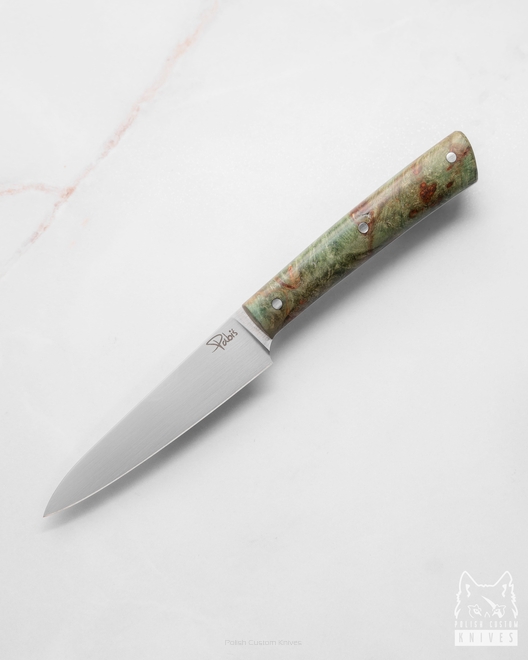 A SMALL PEELING KITCHEN KNIFE 80 22 ELMAX GREEN AND BROWN STABILIZED MAPLE PABIŚ KNIVES