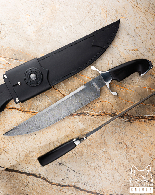 LARGE EXCLUSIVE KNIFE GUNTER 5 DAMASCUS BLACK HORNBEAM JANAS DAMASCUS